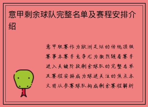 意甲剩余球队完整名单及赛程安排介绍