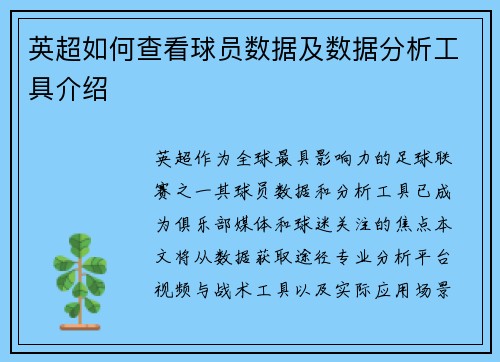英超如何查看球员数据及数据分析工具介绍